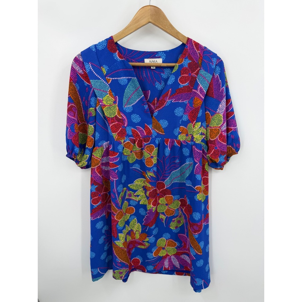 Avara Floral Empire Waist Mini Dress Womens Small Blue Multi Puff Sleeve V-Neck